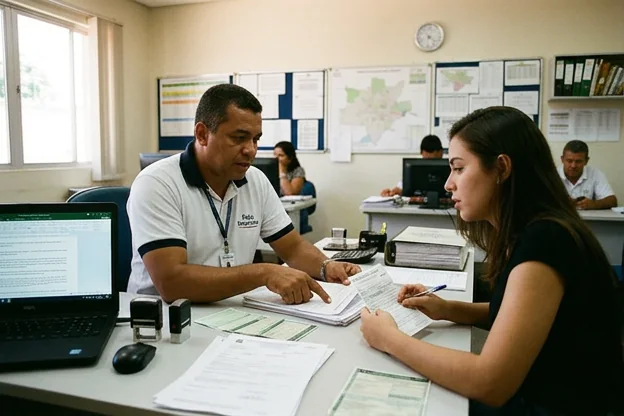 Despachante explicando como recorrer a multas de trânsito a um cliente em Teresina.