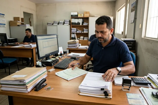 Despachante organizando documentos para emplacamento de veículo em Teresina.